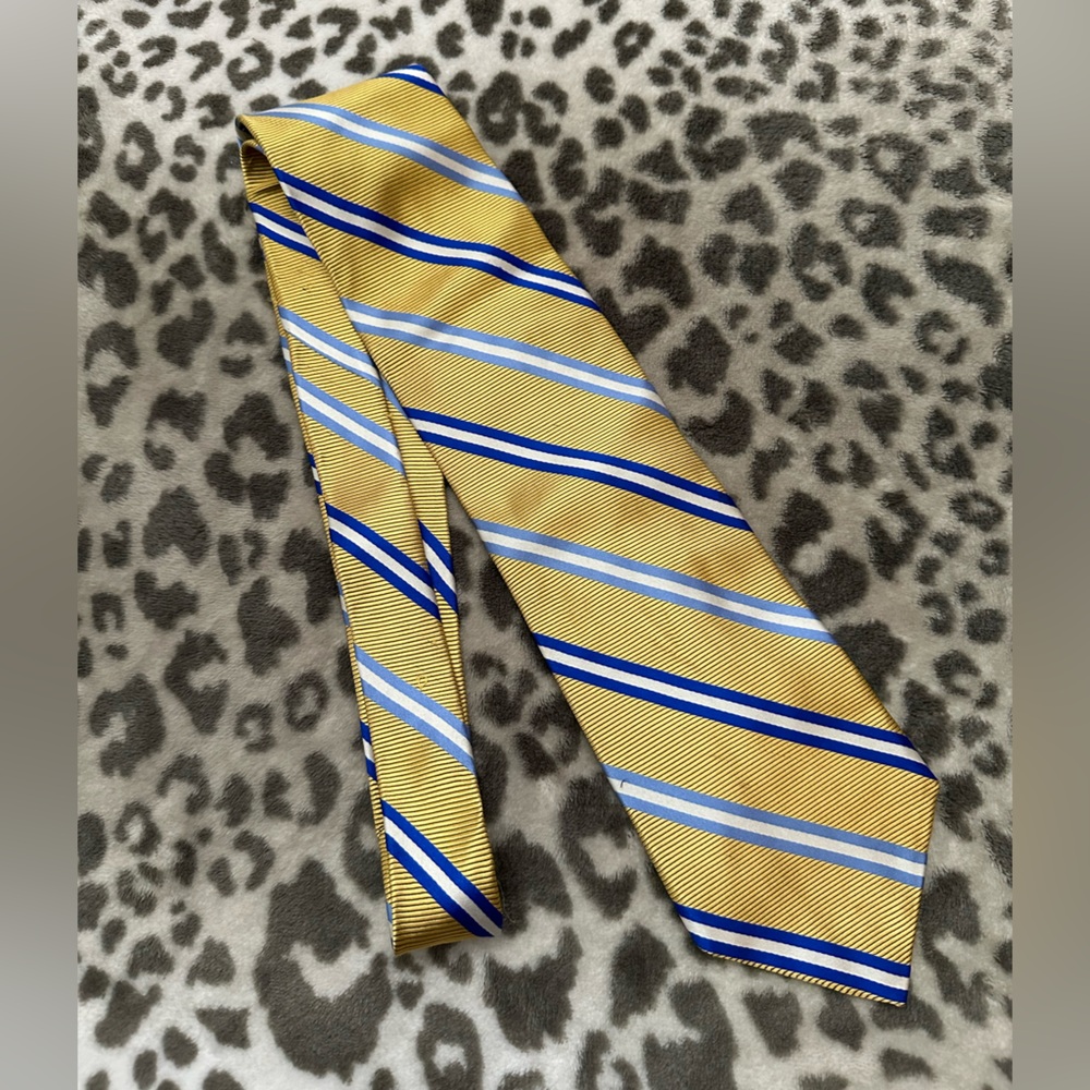 Harold Powell Silk Necktie in Yellow/Orange Blue Stripe